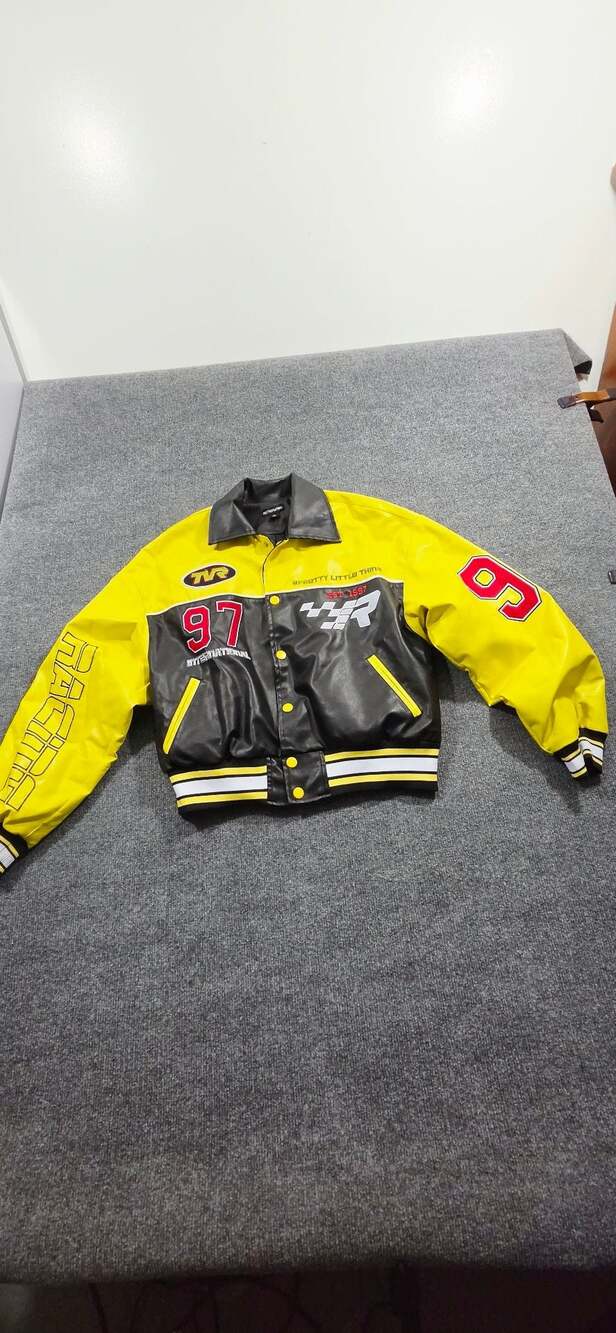 PRETTYLITTLETHING Faux Leather Oregon Racing Varsity Jacket Yellow Black Size M